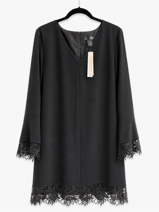 Aqua Dresses & Skirts - NWT AQUA Elegant Black V-Neck Long Sleeve Shift Mini Dress Lace Trim Zip Size L